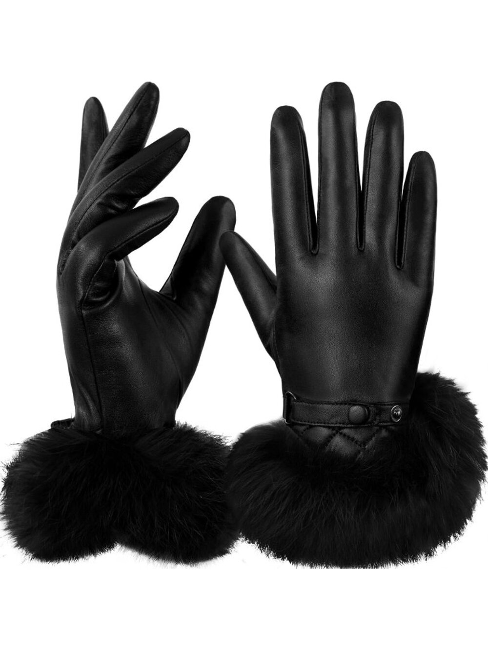 Women Black Fur Trim Touchscreen Winter Rabbit Fur Trim Winter Leather Gloves